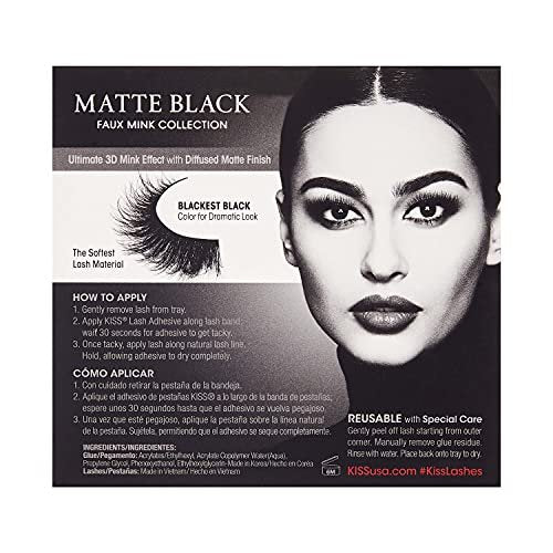 KISS Lash Couture Matte Black Faux Mink False Eyelashes - 14mm 3D Volume, Soft Matte Finish - Style 'Matte Silk' - 1 Pair - görsel 6