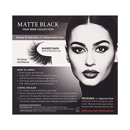 KISS Lash Couture Matte Black Faux Mink False Eyelashes - 14mm 3D Volume, Soft Matte Finish - Style 'Matte Silk' - 1 Pair