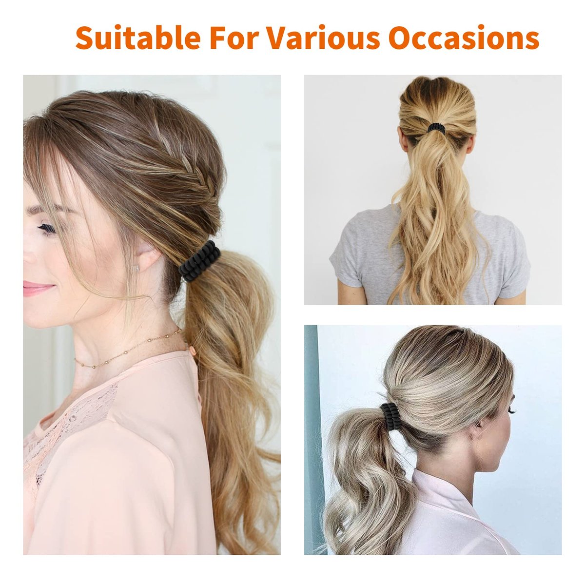 Matte Black Spiral Coil Hair Ties for Women - No Crease Ponytail Holders for Thick & All Hair Types, 12 Pcs - görsel 5