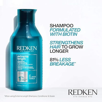 Redken Extreme Length Shampoo for Damaged Hair – Prevents Breakage, Strengthens & Promotes Hair Growth with Biotin, 10.1 oz