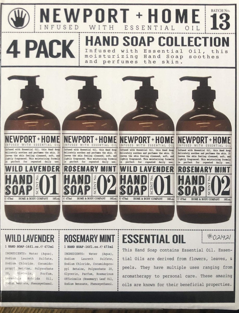 Newport + Home Hand Soap Variety Pack – 4 Bottles: 2 Rosemary Mint & 2 Wild Lavender, 16 oz Each, Infused with Essential Oils by Home & Body Co Avelisse