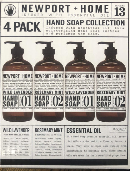 Newport + Home Hand Soap Variety Pack – 4 Bottles: 2 Rosemary Mint & 2 Wild Lavender, 16 oz Each, Infused with Essential Oils by Home & Body Co Avelisse