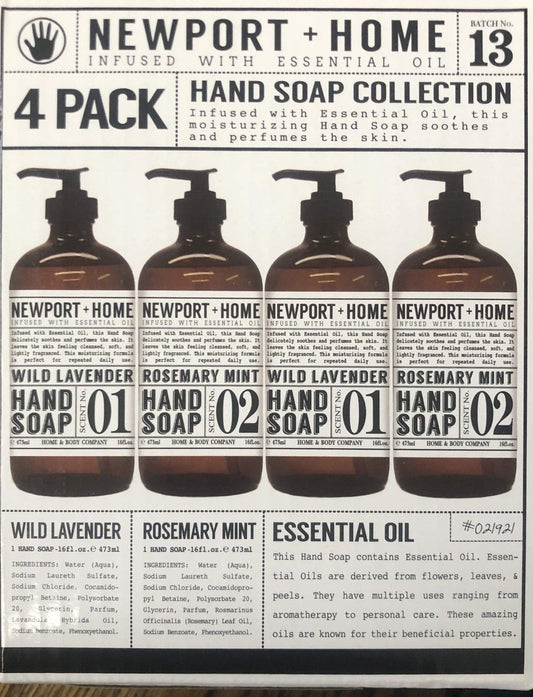 Newport + Home Hand Soap Variety Pack – 4 Bottles: 2 Rosemary Mint & 2 Wild Lavender, 16 oz Each, Infused with Essential Oils by Home & Body Co Avelisse