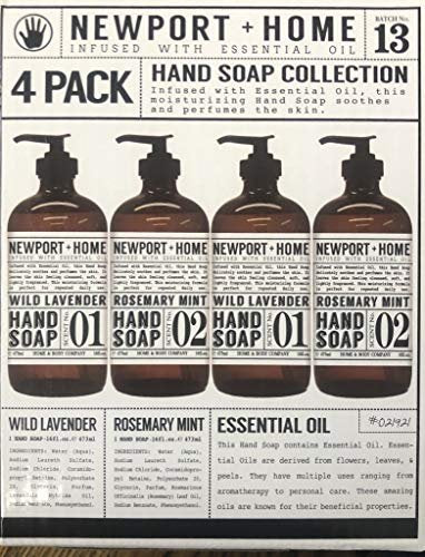 Newport + Home Hand Soap Variety Pack – 4 Bottles: 2 Rosemary Mint & 2 Wild Lavender, 16 oz Each, Infused with Essential Oils by Home & Body Co Avelisse