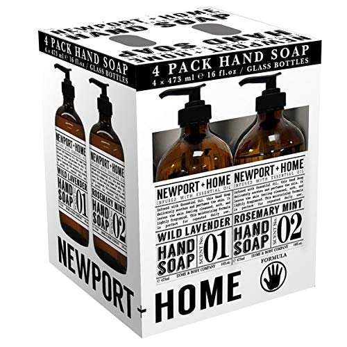Newport + Home Hand Soap Variety Pack – 4 Bottles: 2 Rosemary Mint & 2 Wild Lavender, 16 oz Each, Infused with Essential Oils by Home & Body Co Avelisse