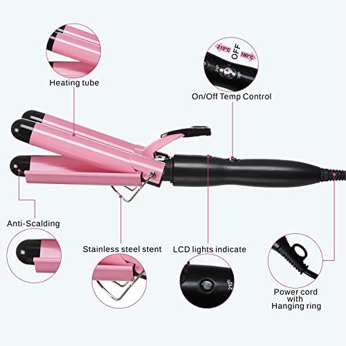 TOP4EVER 3 Barrel Curling Iron - 1 Inch Crimper Hair Tool for Beach Waves, Ceramic, Pink Avelisse