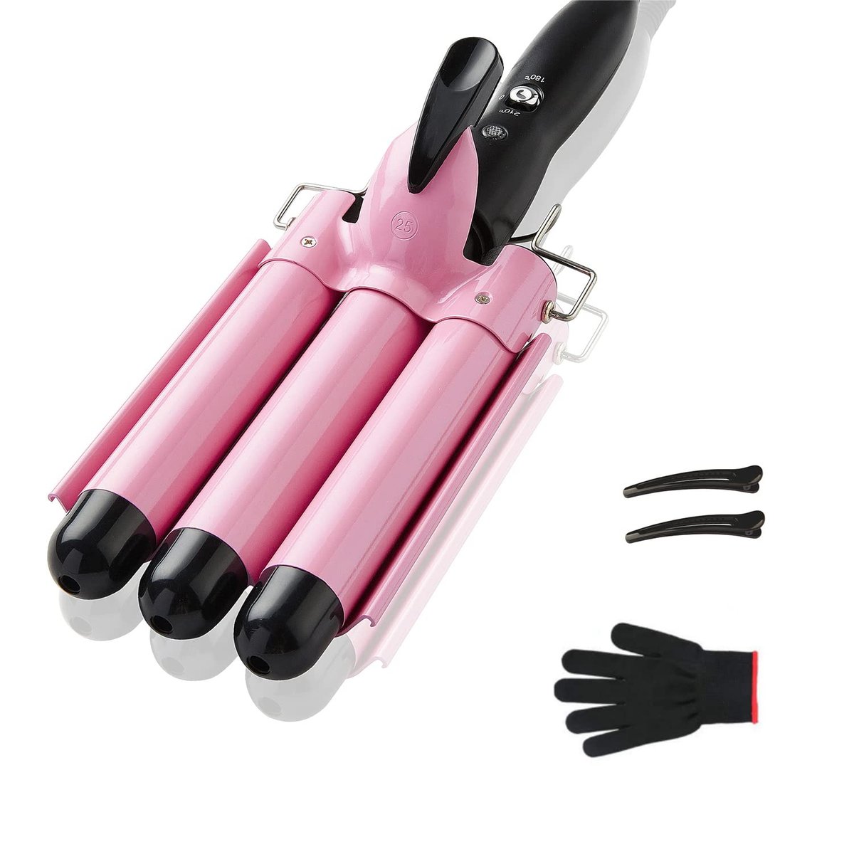 TOP4EVER 3 Barrel Curling Iron - 1 Inch Crimper Hair Tool for Beach Waves, Ceramic, Pink Avelisse