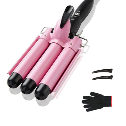 TOP4EVER 3 Barrel Curling Iron - 1 Inch Crimper Hair Tool for Beach Waves, Ceramic, Pink Avelisse