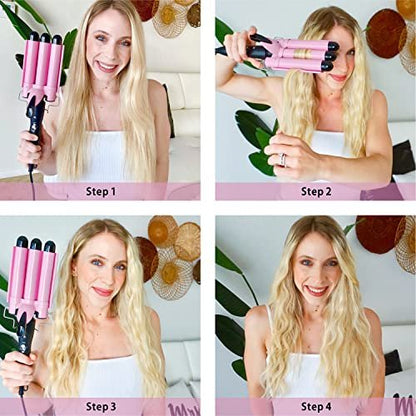 TOP4EVER 3 Barrel Curling Iron - 1 Inch Crimper Hair Tool for Beach Waves, Ceramic, Pink Avelisse