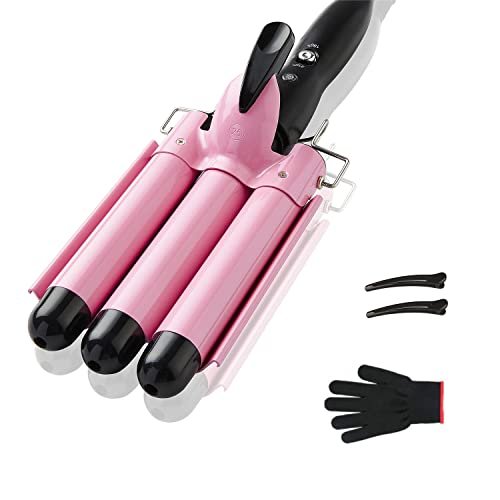 TOP4EVER 3 Barrel Curling Iron - 1 Inch Crimper Hair Tool for Beach Waves, Ceramic, Pink Avelisse