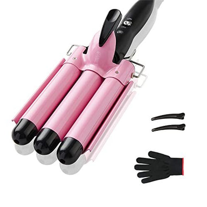 TOP4EVER 3 Barrel Curling Iron - 1 Inch Crimper Hair Tool for Beach Waves, Ceramic, Pink Avelisse