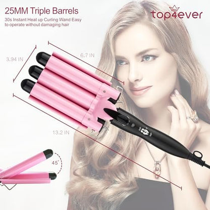 TOP4EVER 3 Barrel Curling Iron - 1 Inch Crimper Hair Tool for Beach Waves, Ceramic, Pink Avelisse