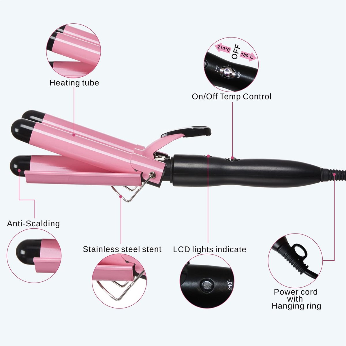 TOP4EVER 3 Barrel Curling Iron - 1 Inch Crimper Hair Tool for Beach Waves, Ceramic, Pink Avelisse