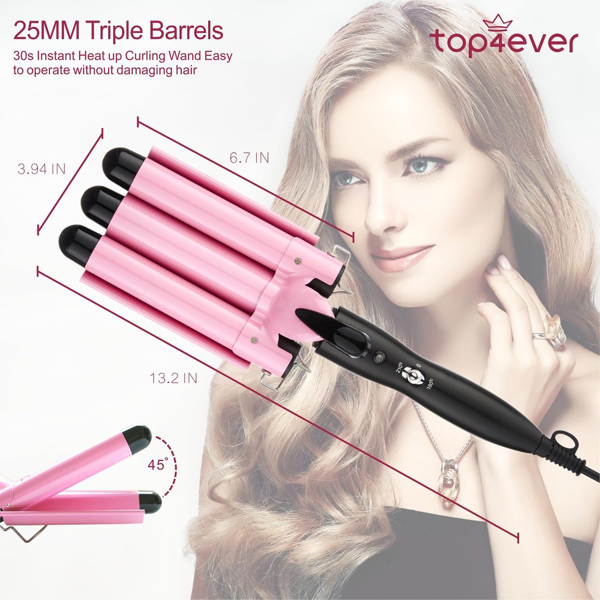 TOP4EVER 3 Barrel Curling Iron - 1 Inch Crimper Hair Tool for Beach Waves, Ceramic, Pink Avelisse
