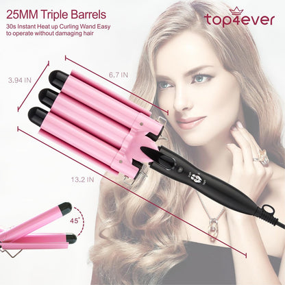 TOP4EVER 3 Barrel Curling Iron - 1 Inch Crimper Hair Tool for Beach Waves, Ceramic, Pink Avelisse