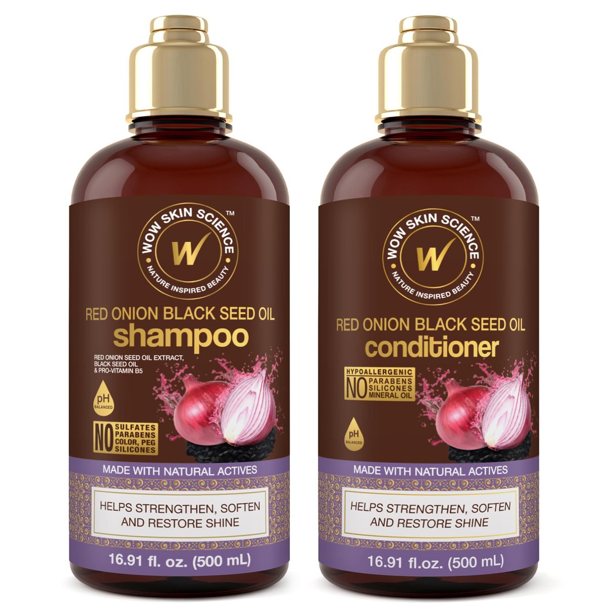 WOW Skin Science Red Onion & Black Seed Shampoo and Conditioner Duo - 16.9 oz Each, Sulfate-Free, Paraben-Free, for Hair Growth and Thickness - görsel 1