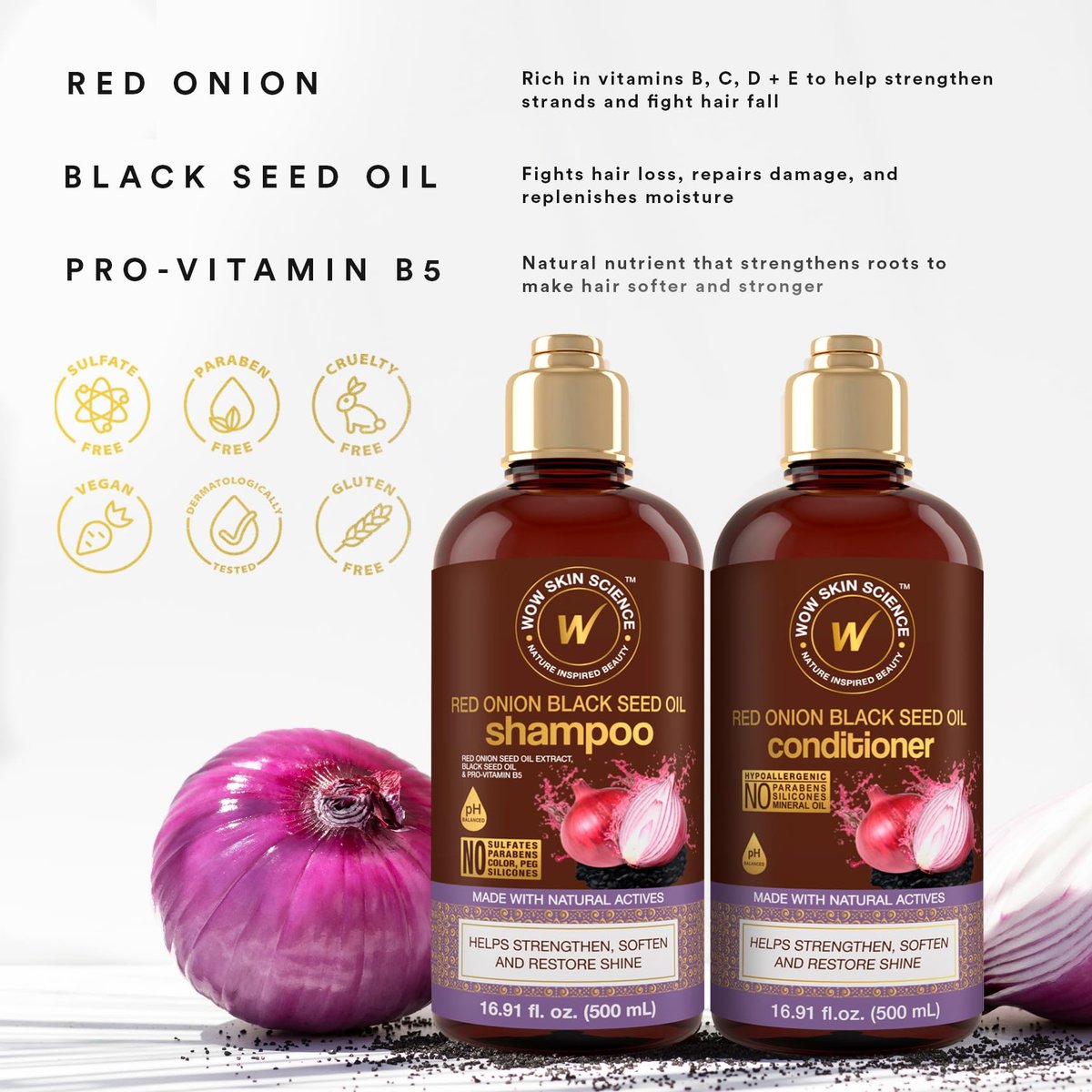 WOW Skin Science Red Onion & Black Seed Shampoo and Conditioner Duo - 16.9 oz Each, Sulfate-Free, Paraben-Free, for Hair Growth and Thickness - görsel 5
