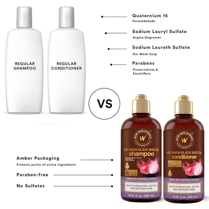 WOW Skin Science Red Onion & Black Seed Shampoo and Conditioner Duo - 16.9 oz Each, Sulfate-Free, Paraben-Free, for Hair Growth and Thickness