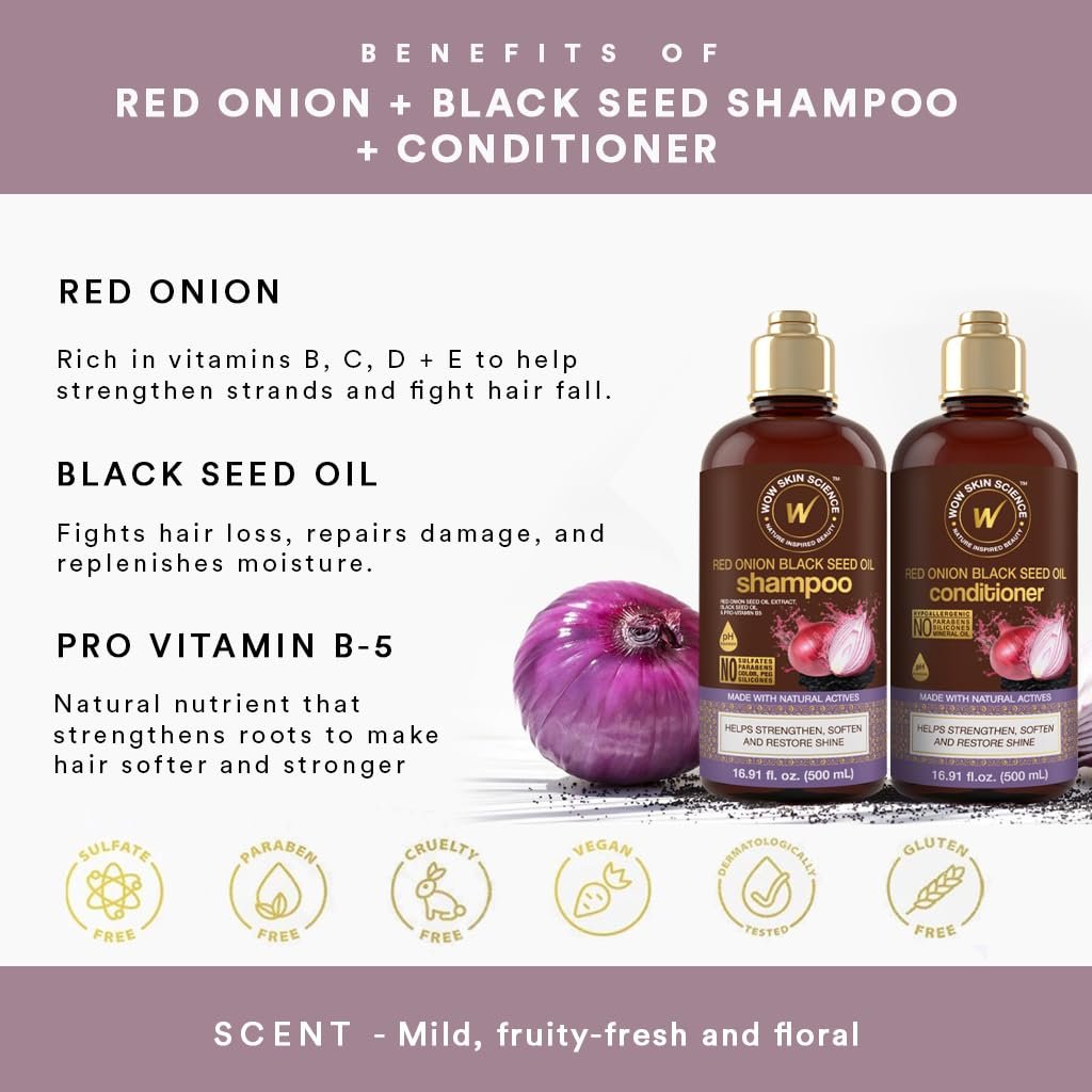 WOW Skin Science Red Onion & Black Seed Shampoo and Conditioner Duo - 16.9 oz Each, Sulfate-Free, Paraben-Free, for Hair Growth and Thickness - görsel 15
