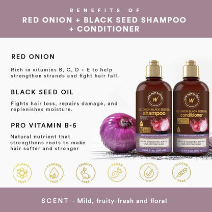 WOW Skin Science Red Onion & Black Seed Shampoo and Conditioner Duo - 16.9 oz Each, Sulfate-Free, Paraben-Free, for Hair Growth and Thickness