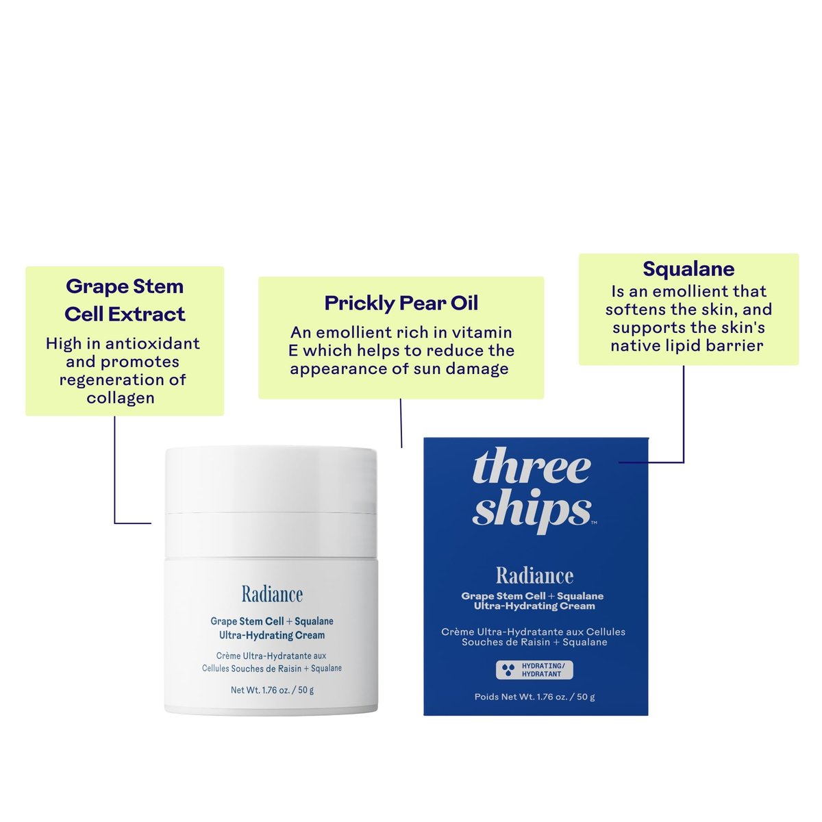 Three Ships Radiance Grape Stem Cell + Squalane Ultra-Hydrating Cream – Vegan, Cruelty-Free Face Moisturizer for Sensitive Skin (1.76 oz) Avelisse