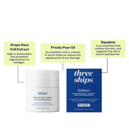 Three Ships Radiance Grape Stem Cell + Squalane Ultra-Hydrating Cream – Vegan, Cruelty-Free Face Moisturizer for Sensitive Skin (1.76 oz) Avelisse