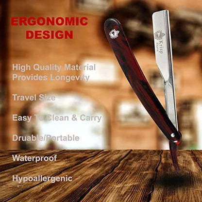 Krisp Beauty Professional Classic Straight Edge Barber Razor for Close Shaving – Red Marble, 11 Piece Set with 10 Blades Avelisse