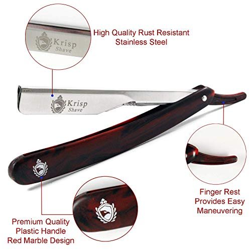 Krisp Beauty Professional Classic Straight Edge Barber Razor for Close Shaving – Red Marble, 11 Piece Set with 10 Blades Avelisse