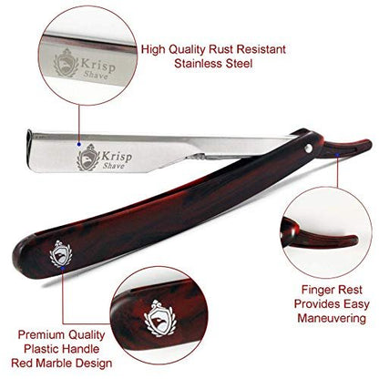 Krisp Beauty Professional Classic Straight Edge Barber Razor for Close Shaving – Red Marble, 11 Piece Set with 10 Blades Avelisse