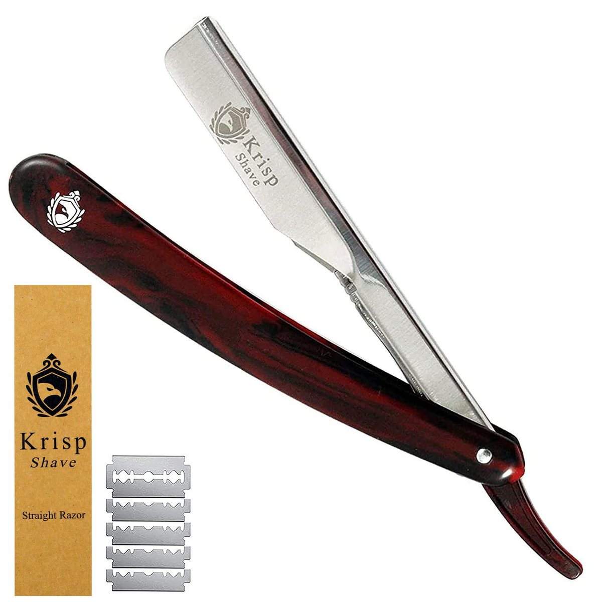 Krisp Beauty Professional Classic Straight Edge Barber Razor for Close Shaving – Red Marble, 11 Piece Set with 10 Blades Avelisse