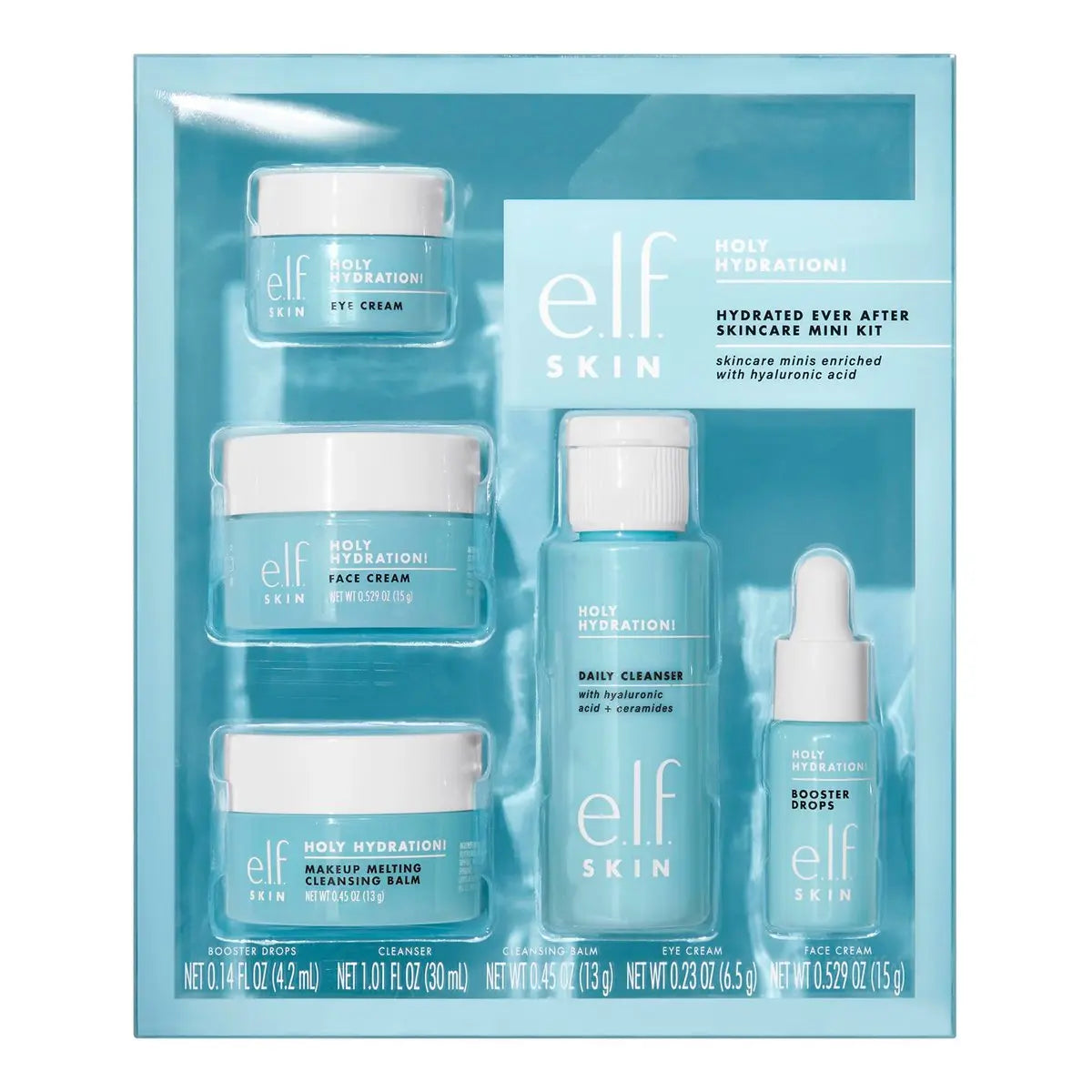 e.l.f. SKIN Holy Hydration! Hydrated Ever After Skincare Mini Kit - 5 Piece Set with Cleanser, Makeup Remover, Moisturizer & Eye Cream for Hydrating Skin, Airplane-Friendly Sizes Avelisse