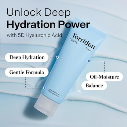 Torriden DIVE IN Cream 80ml (2.71 fl. oz.) - Lightweight Facial Moisturizer for Sensitive & Oily Skin with Hyaluronic Acid and Allantoin Avelisse