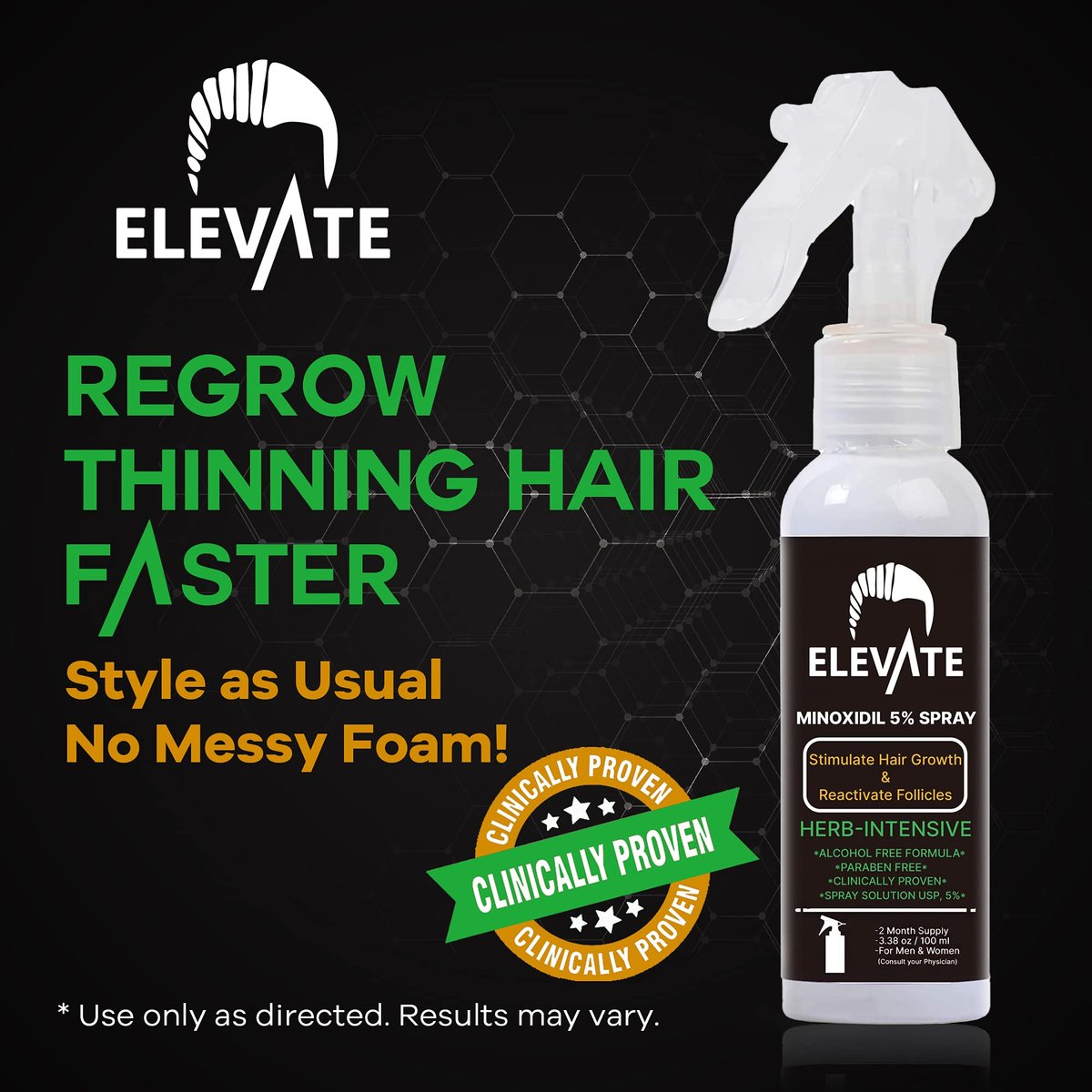 ELEVATE 5% Minoxidil Hair Growth Spray - Alcohol Free, Non-Oily, Extra Strength for Men & Women - 1 Month Supply Avelisse