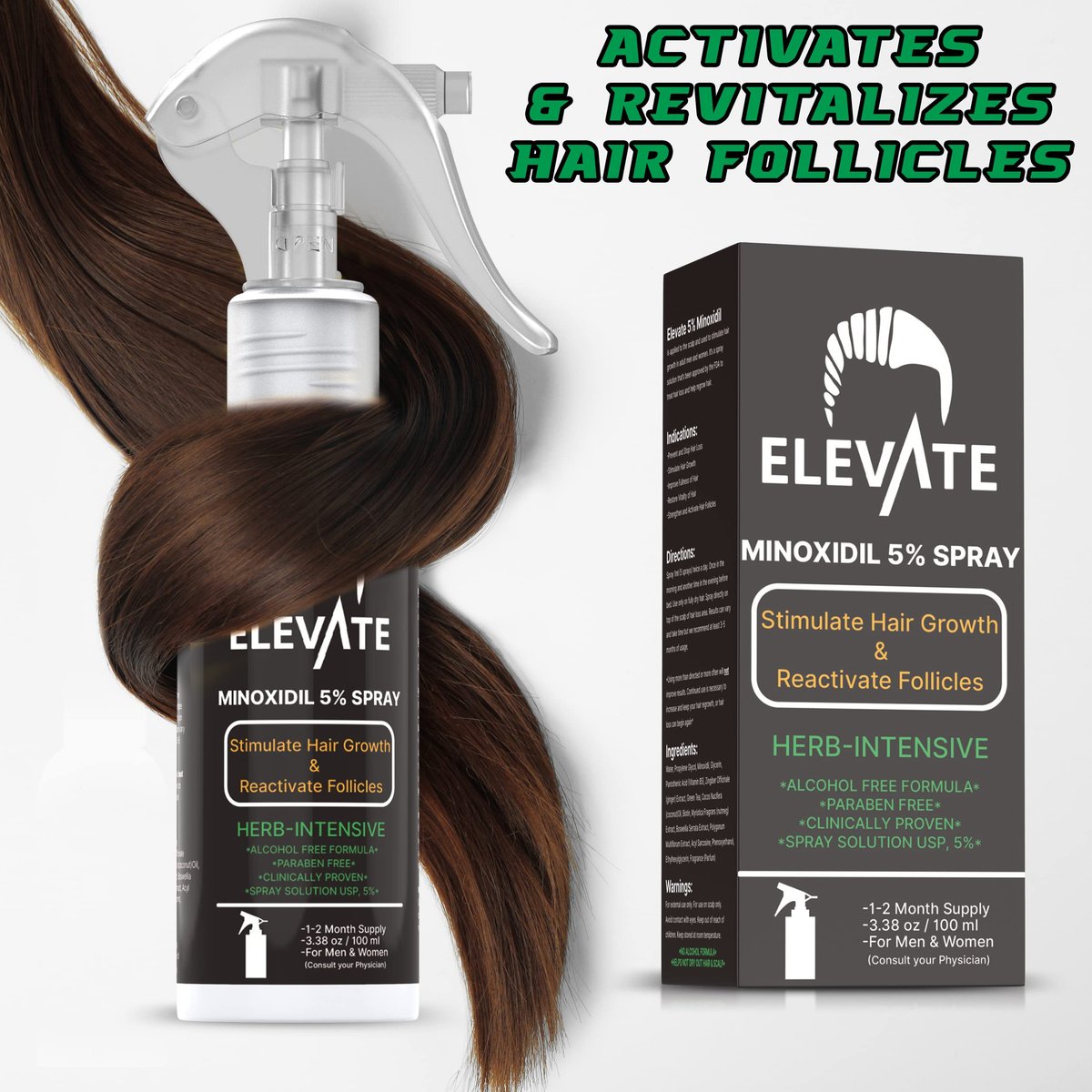 ELEVATE 5% Minoxidil Hair Growth Spray - Alcohol Free, Non-Oily, Extra Strength for Men & Women - 1 Month Supply Avelisse