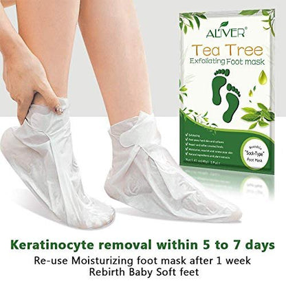 ALIVER Tea Tree Foot Peel Mask – 5 Pack Exfoliating Foot Care Mask for Soft, Baby-Smooth Feet – Removes Dead Skin, Calluses, and Roughness