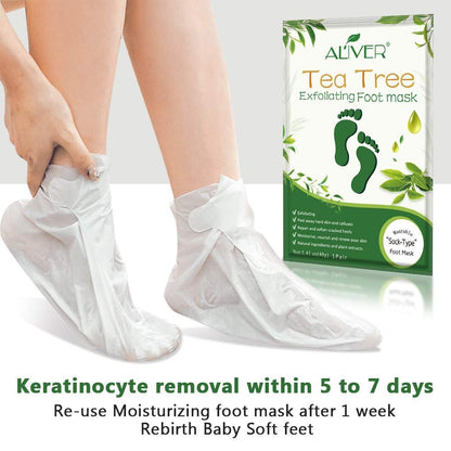 ALIVER Tea Tree Foot Peel Mask – 5 Pack Exfoliating Foot Care Mask for Soft, Baby-Smooth Feet – Removes Dead Skin, Calluses, and Roughness