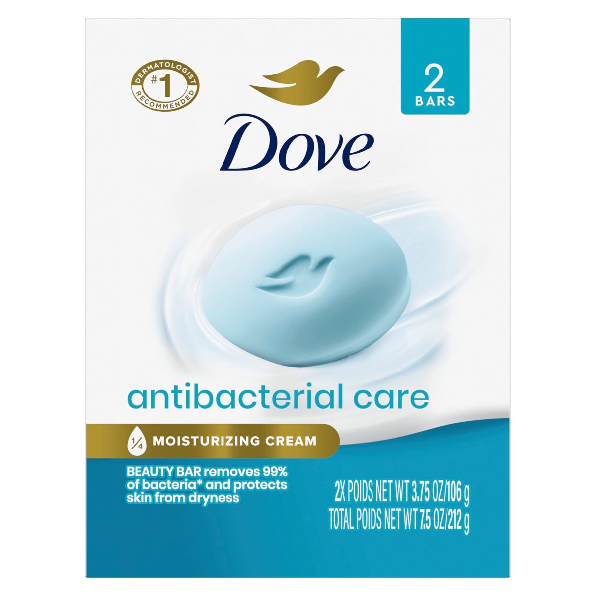 Dove Beauty Bar Soap Antibacterial Care 2 Count – Clean, Moisturized Skin, Removes Bacteria, 3.75 oz Each - görsel 1