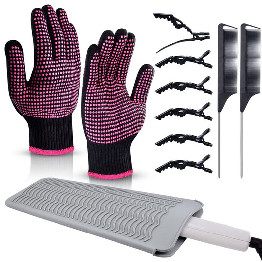 MORGLES Heat Resistant Gloves - 2 Pcs Professional Styling Gloves with Silicone Mat, 6 Hair Clips & 2 Combs for Curling Iron, Flat Iron (Black Pink, 11 Piece Set)