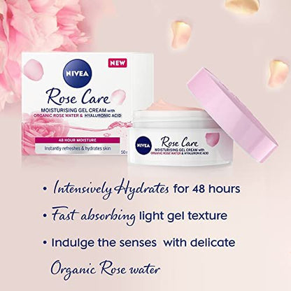 NIVEA 24h Day Cream (50 ml) with Rose Water & Hyaluron – Light Gel Face Moisturizer for Smooth Delicate Skin