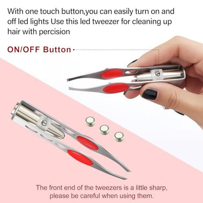 Tatuo 6-Pack LED Lighted Tweezers – Precision Stainless Steel Tweezers for Eyebrow, Eyelash & Hair Removal (Red, Purple, Dark Blue) Avelisse