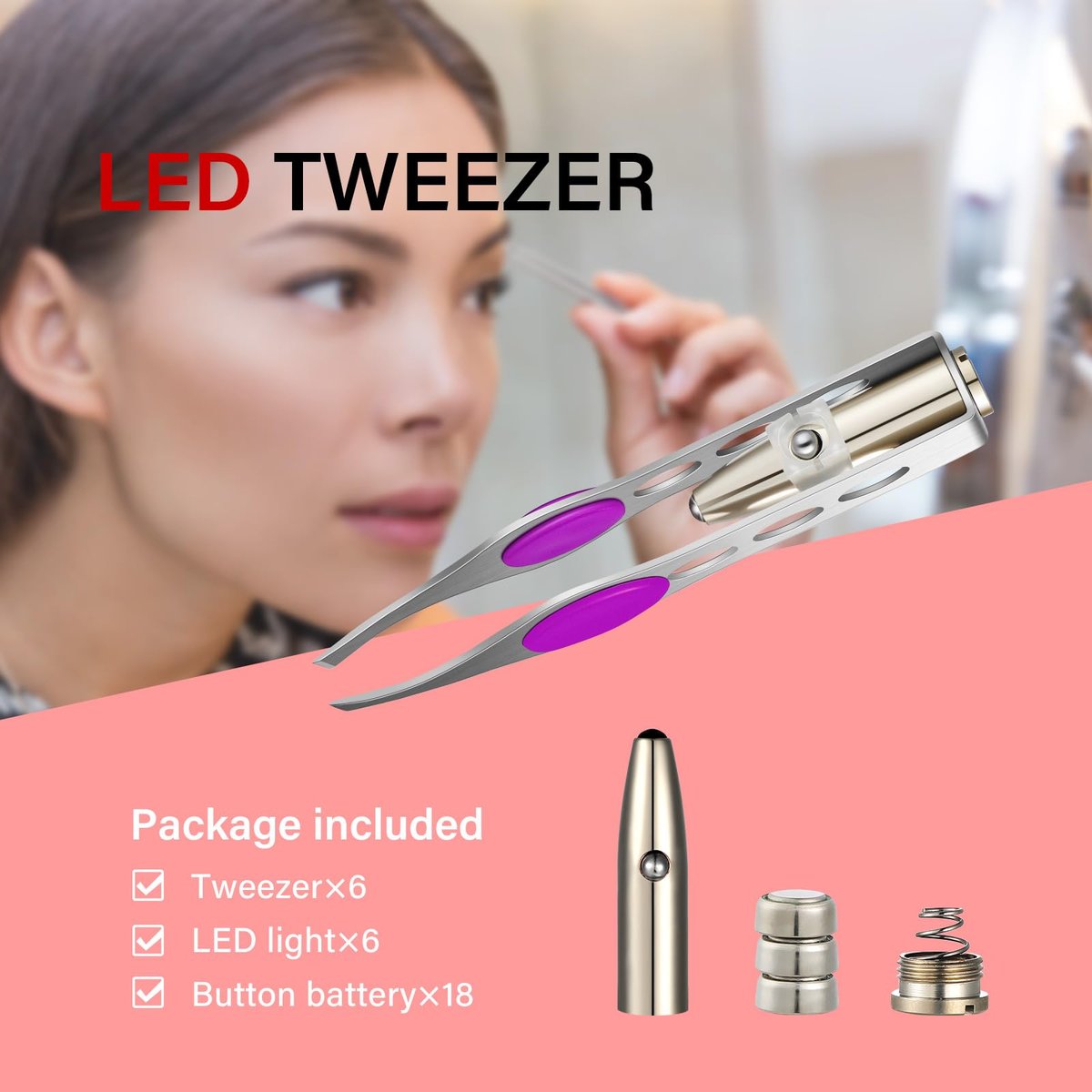 Tatuo 6-Pack LED Lighted Tweezers – Precision Stainless Steel Tweezers for Eyebrow, Eyelash & Hair Removal (Red, Purple, Dark Blue) Avelisse