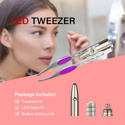 Tatuo 6-Pack LED Lighted Tweezers – Precision Stainless Steel Tweezers for Eyebrow, Eyelash & Hair Removal (Red, Purple, Dark Blue) Avelisse
