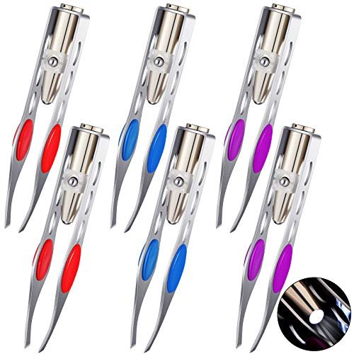 Tatuo 6-Pack LED Lighted Tweezers – Precision Stainless Steel Tweezers for Eyebrow, Eyelash & Hair Removal (Red, Purple, Dark Blue) Avelisse