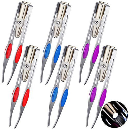 Tatuo 6-Pack LED Lighted Tweezers – Precision Stainless Steel Tweezers for Eyebrow, Eyelash & Hair Removal (Red, Purple, Dark Blue) Avelisse
