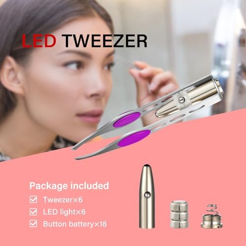 Tatuo 6-Pack LED Lighted Tweezers – Precision Stainless Steel Tweezers for Eyebrow, Eyelash & Hair Removal (Red, Purple, Dark Blue) Avelisse