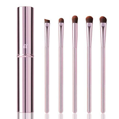 5-Piece Eye Makeup Brush Set - Portable Eyeshadow, Eyeliner, Eyebrow, Lip & Concealer Brushes with Travel Case (Pink)