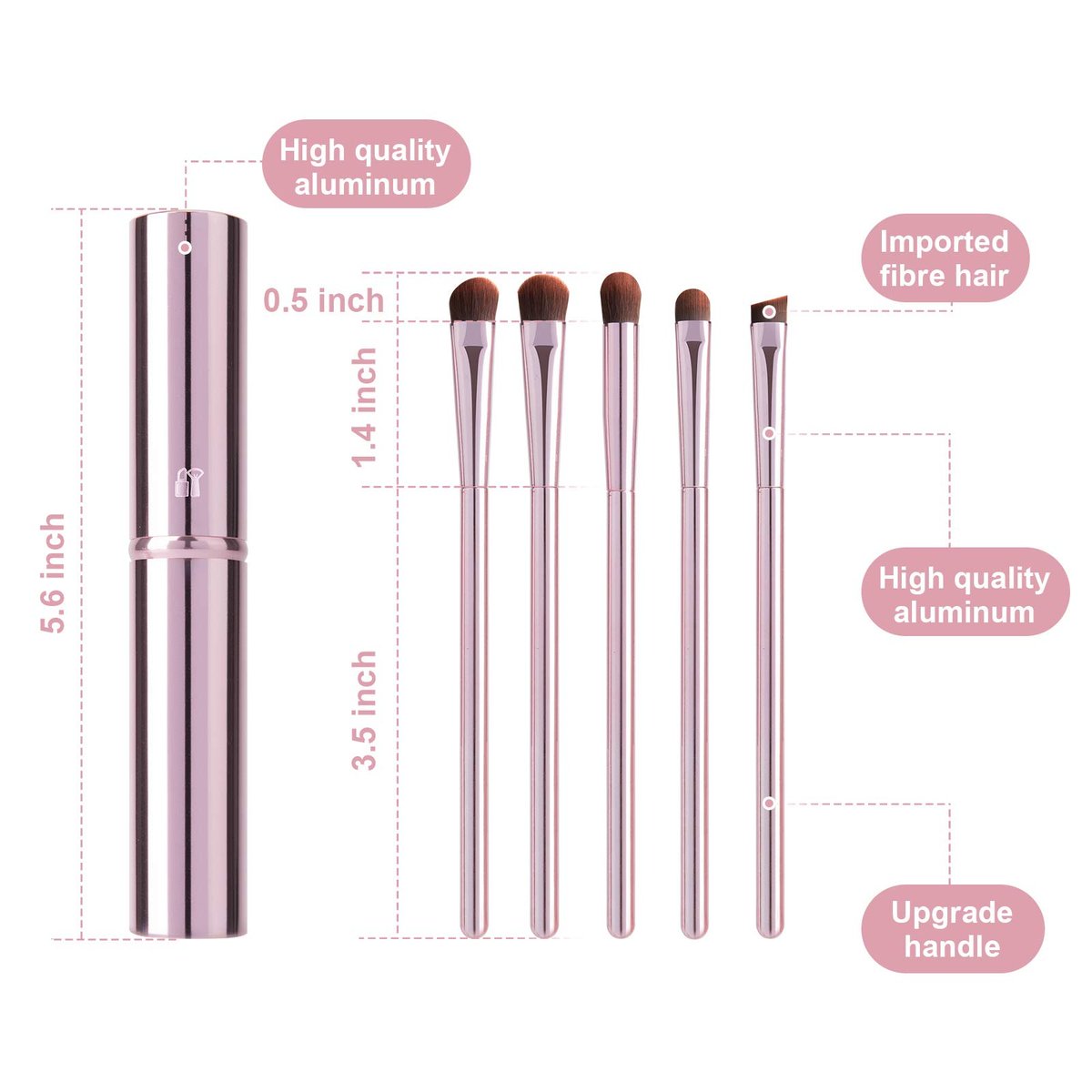 5-Piece Eye Makeup Brush Set - Portable Eyeshadow, Eyeliner, Eyebrow, Lip & Concealer Brushes with Travel Case (Pink) - görsel 5