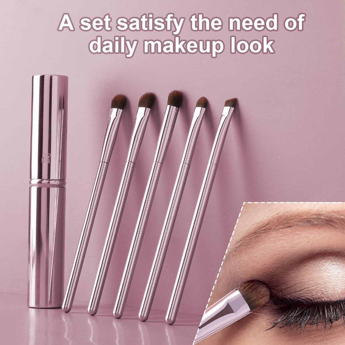 5-Piece Eye Makeup Brush Set - Portable Eyeshadow, Eyeliner, Eyebrow, Lip & Concealer Brushes with Travel Case (Pink) - görsel 9