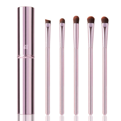 5-Piece Eye Makeup Brush Set - Portable Eyeshadow, Eyeliner, Eyebrow, Lip & Concealer Brushes with Travel Case (Pink)