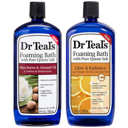 Dr Teal's Foaming Bath Combo Pack – Moisturizing Shea Butter & Almond Oil + Glow & Radiance with Vitamin C and Citrus Essential Oils (68 fl oz Total) Avelisse